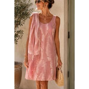 Simply Silk 100% Silk Pink Tropical Leaf Shift Dress w/ Matching Scarf Size L